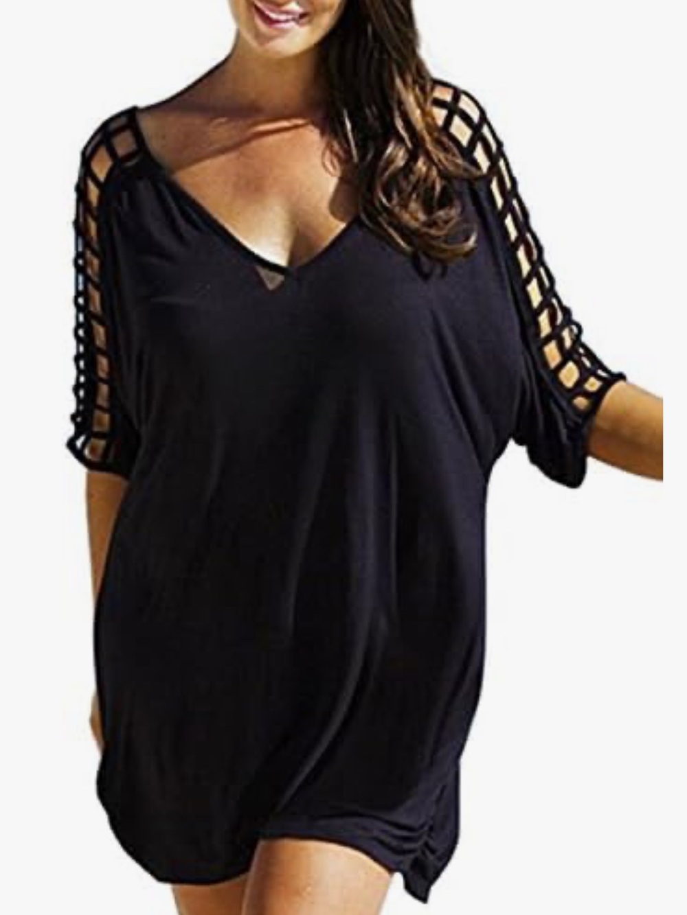 SimpleFun Swimwear Cover Up V-neck Gridding Sleeve Loose Beach Dress XXL 2XL NWT